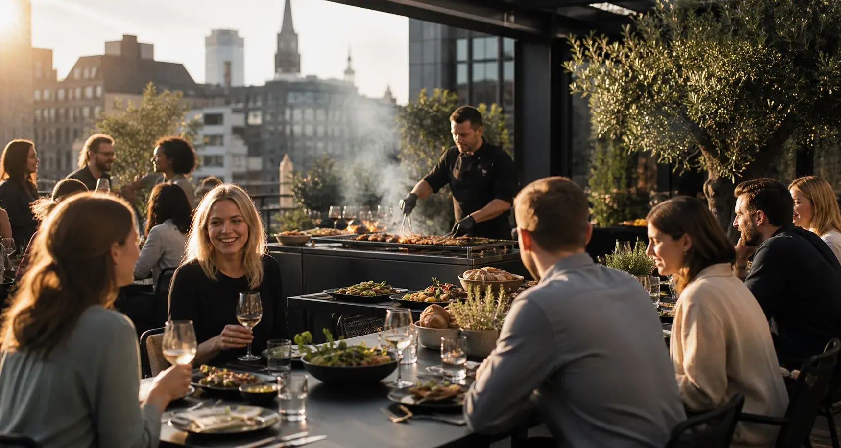 Kolleginnen und Kollegen bei einem BBQ auf einer Terrasse