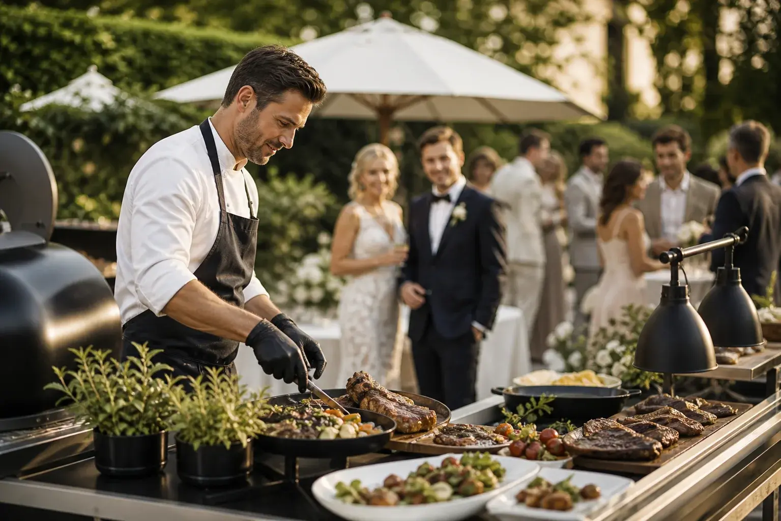 Koch bereitet ein BBQ bei einer Hochzeitsfeier im Garten zu