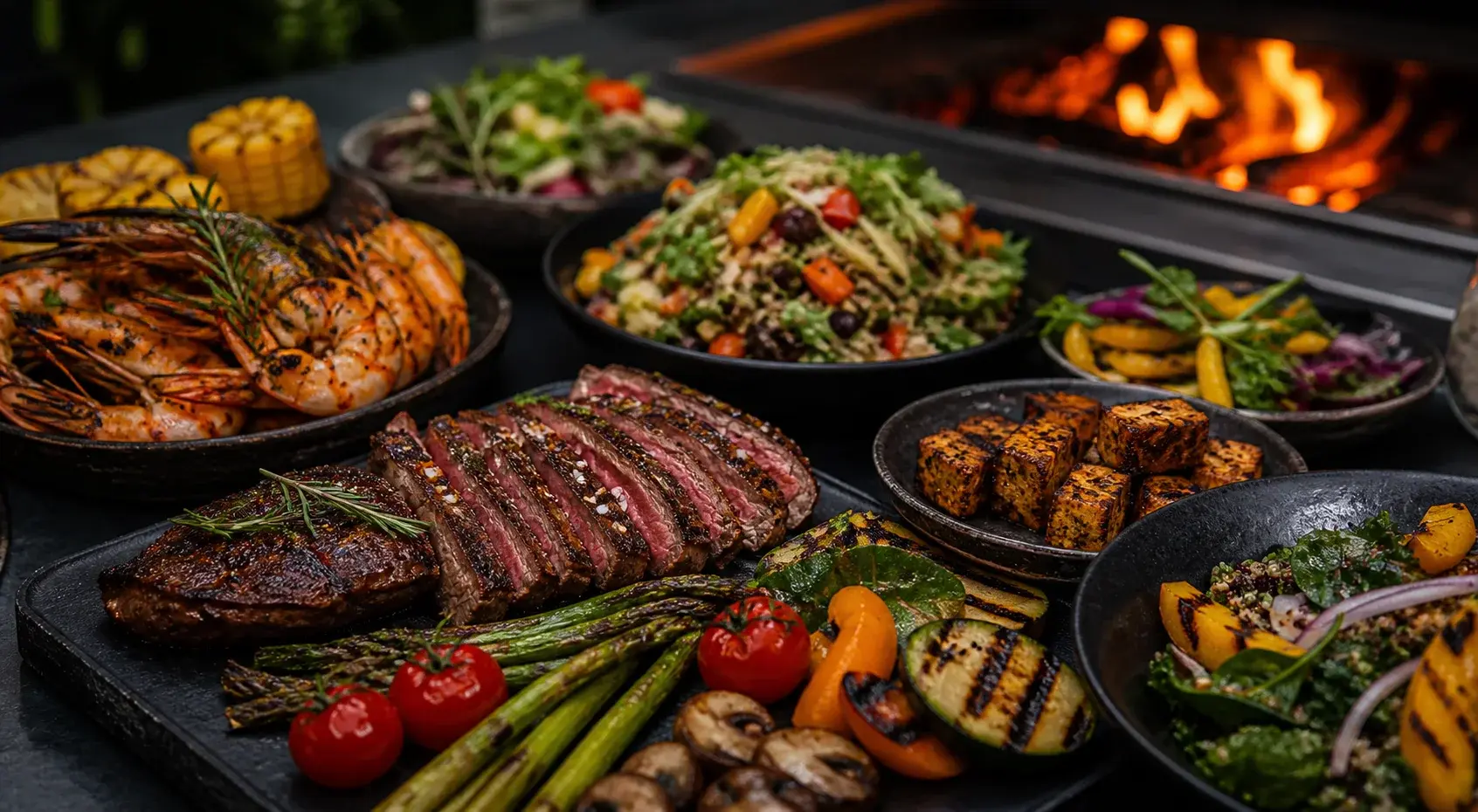 Steak, Grillgemüse und Salate als Bestandteile eines BBQ-Menüs