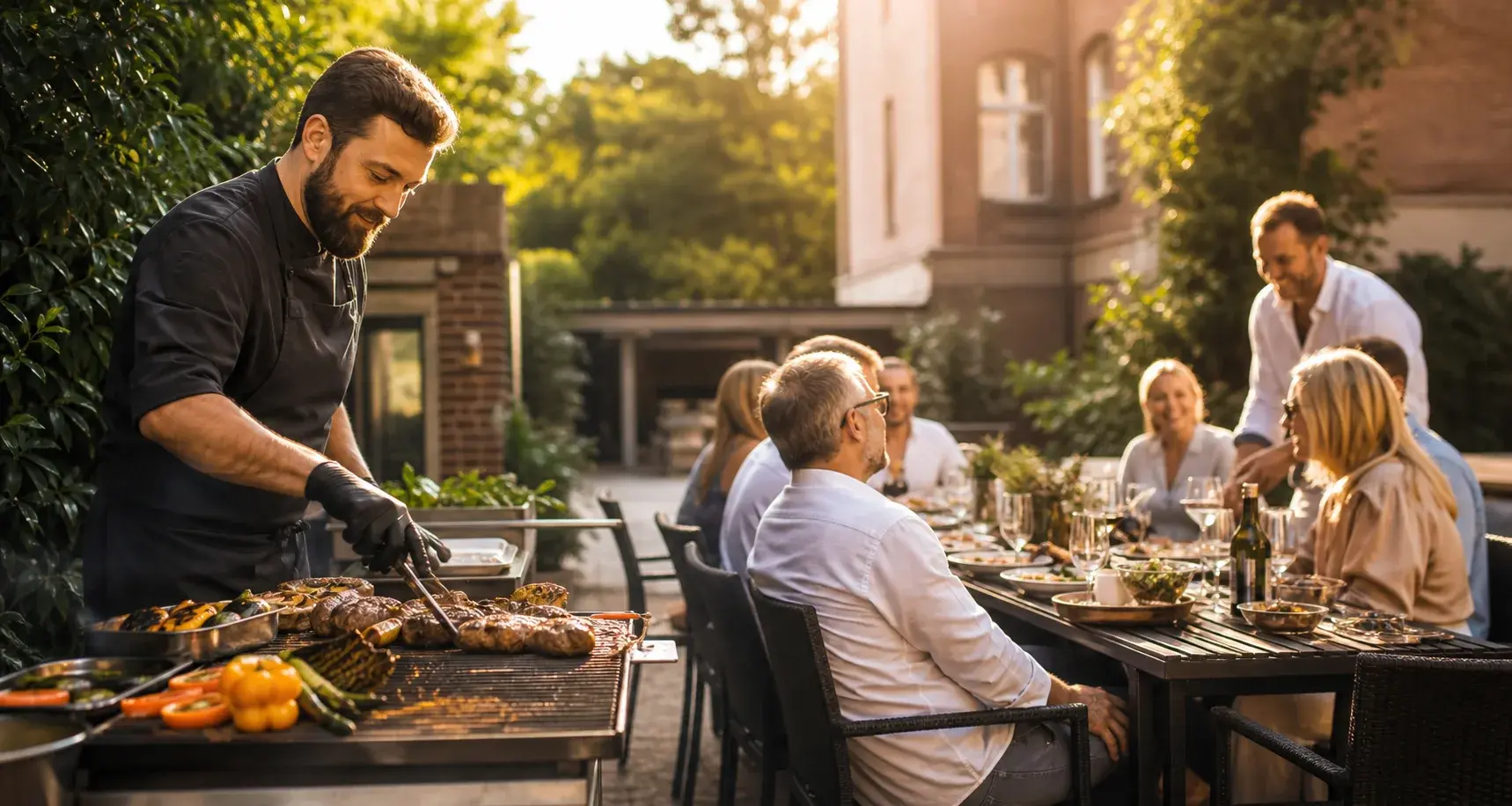 Private Feier mit Koch am Grill und Gästen an einer langen Tafel